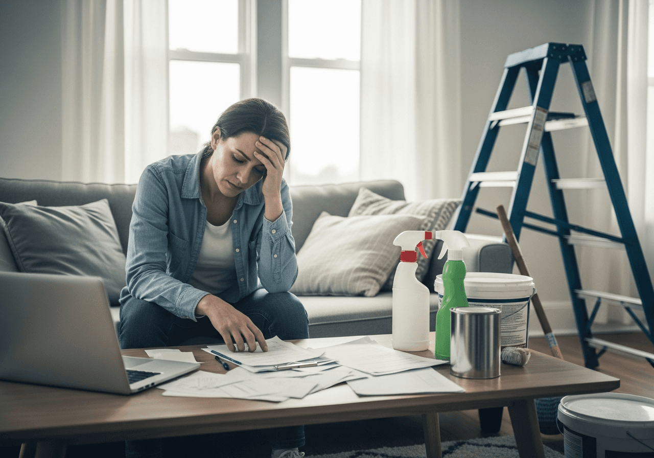 A homeowner feeling overwhelmed by paperwork and home repairs before selling
